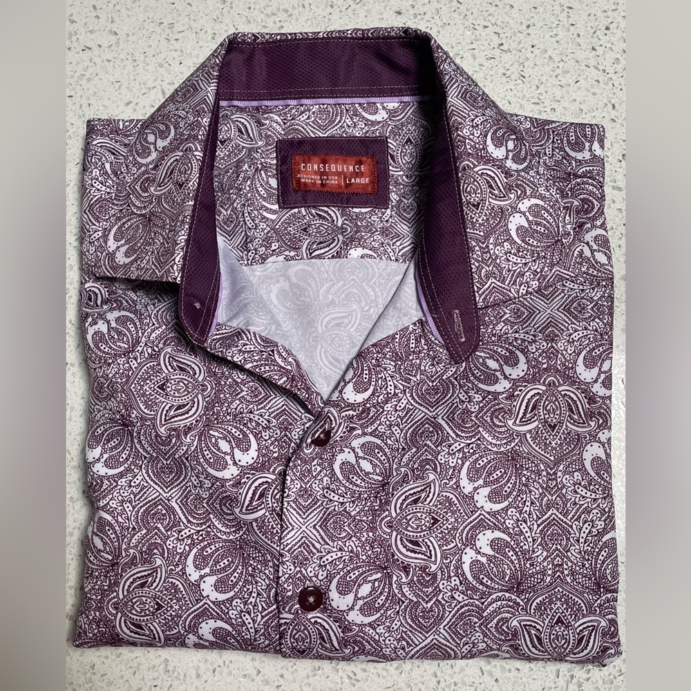Purple Casual Button Down Shirt with Intricate Pattern
